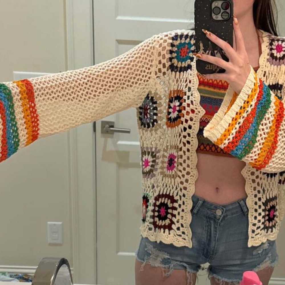 Boho Grannycore crochet open Front Loose Fit Bell Sleeve cArdigan